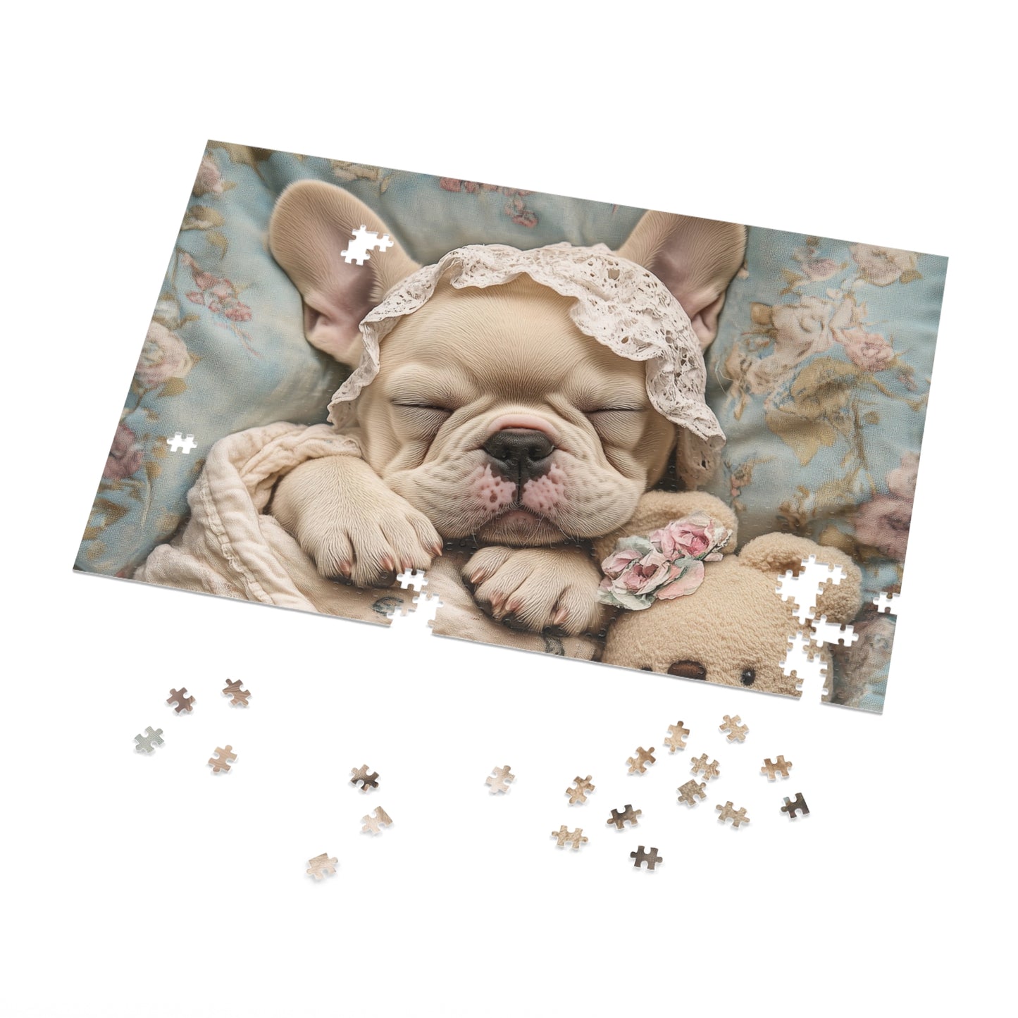 French Bulldog in Baby Bonnet: "Dreamy Slumber" | Jigsaw Puzzle with Tin | Puppy Love Edition™