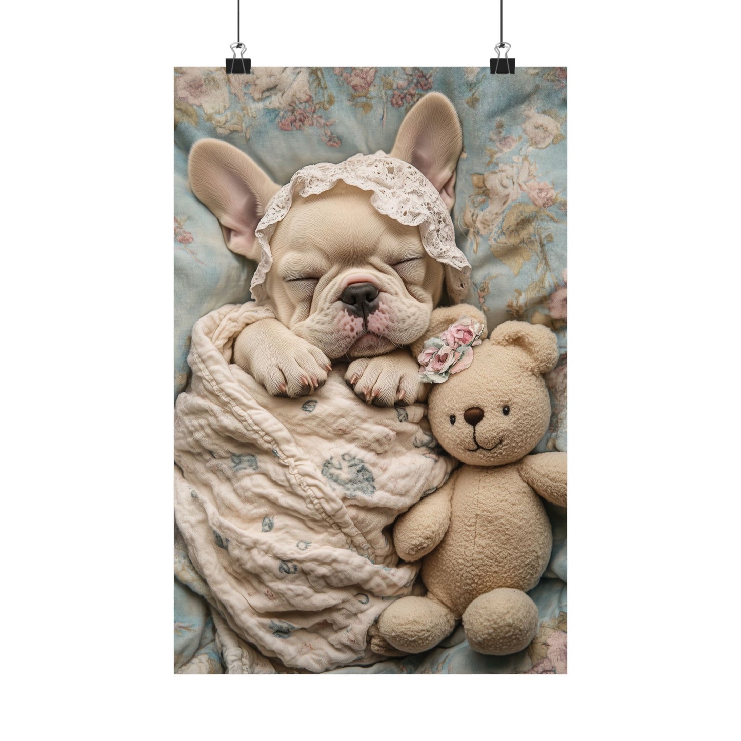 French Bulldog in Floral Blanket with Teddy Bear: "Dreamy Snuggles" | Matte Vertical Posters | Puppy Love Edition™