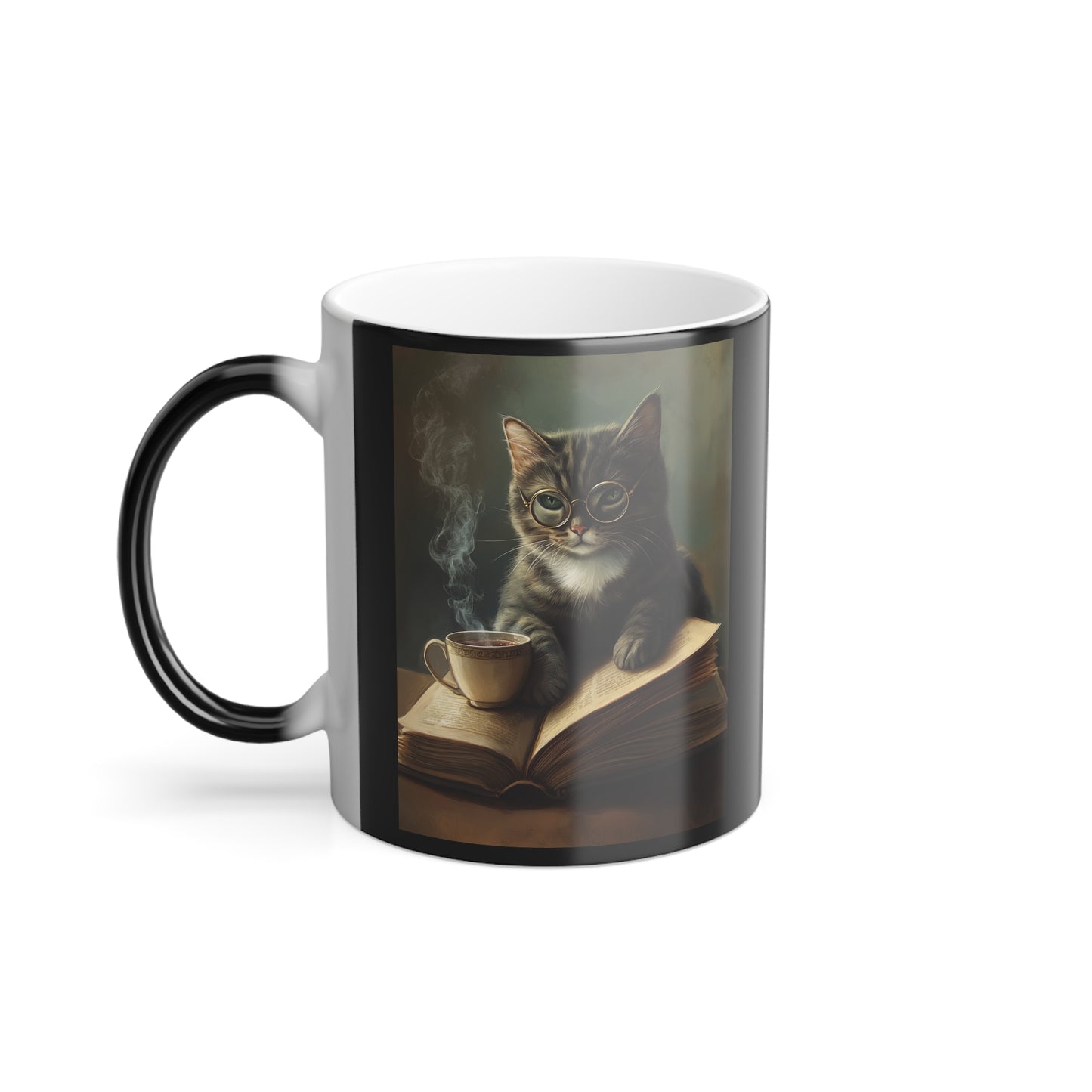 Tabby Cat with Open Book: "Scholarly Whiskers" | Color Morphing Coffee Mug, 11oz | Bliss Edition™