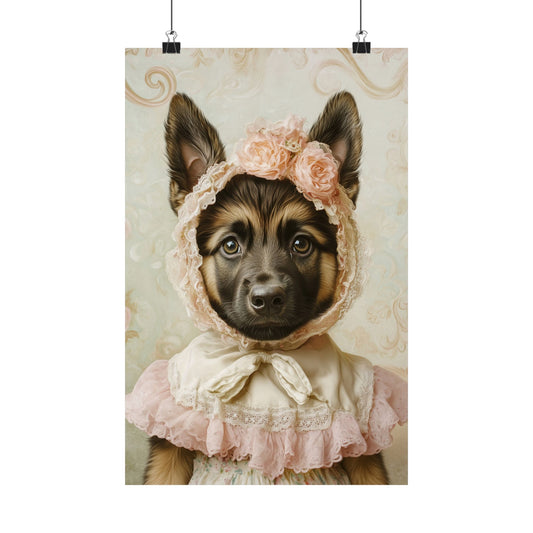 German Shepherd in Lace Bonnet: "Pastoral Guardian" | Matte Vertical Posters | Puppy Love Edition™: