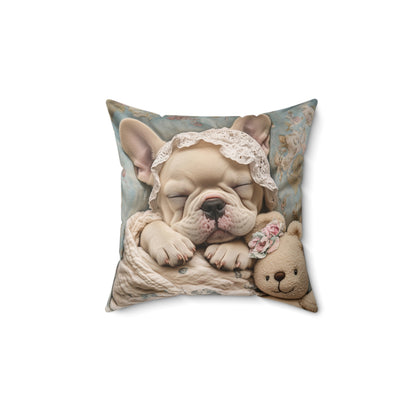 French Bulldog in Baby Bonnet: "Dreamy Slumber" | Spun Polyester Square Pillow | Puppy Love Edition™