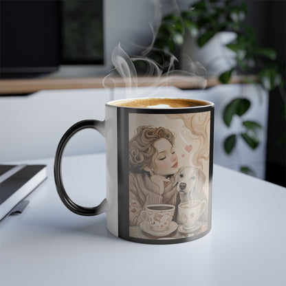 White Dog with Woman: "Café Companions" | Color Morphing Coffee Mug, 11oz | Bliss Edition™