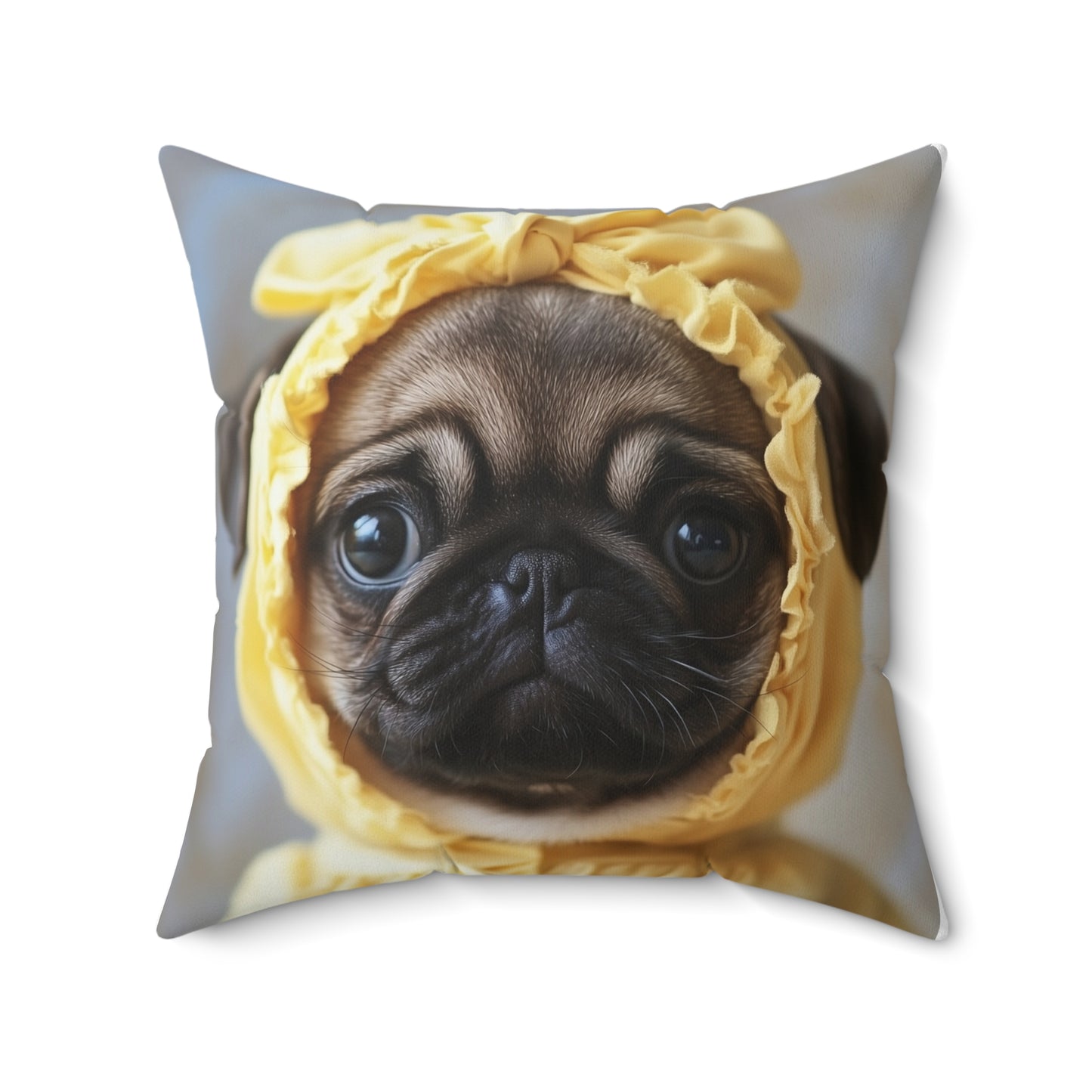 Pug in Yellow Bonnet: "The Sunshine Sweetie" | Spun Polyester Square Pillow | Puppy Love Edition™