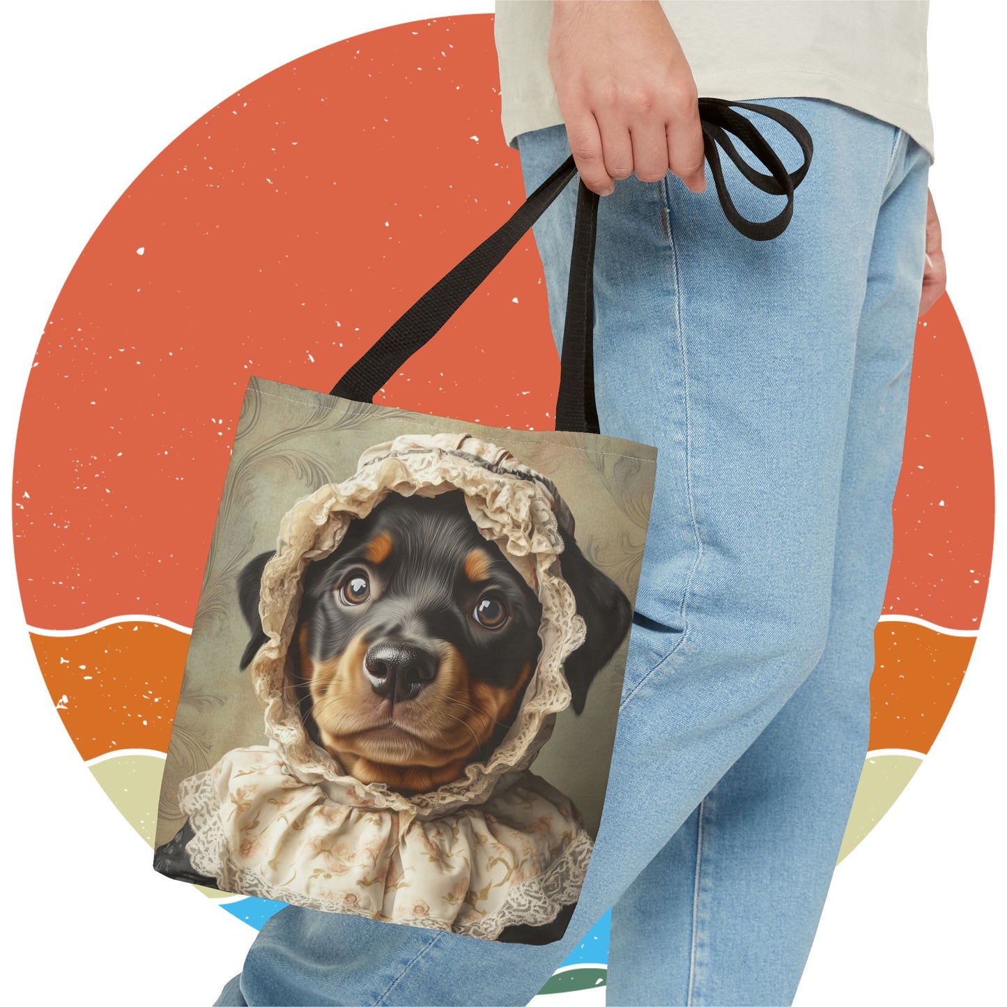 Rottweiler in Lace Bonnet: "The Tender Guardian" | Tote Bag (AOP) | Puppy Love Edition™