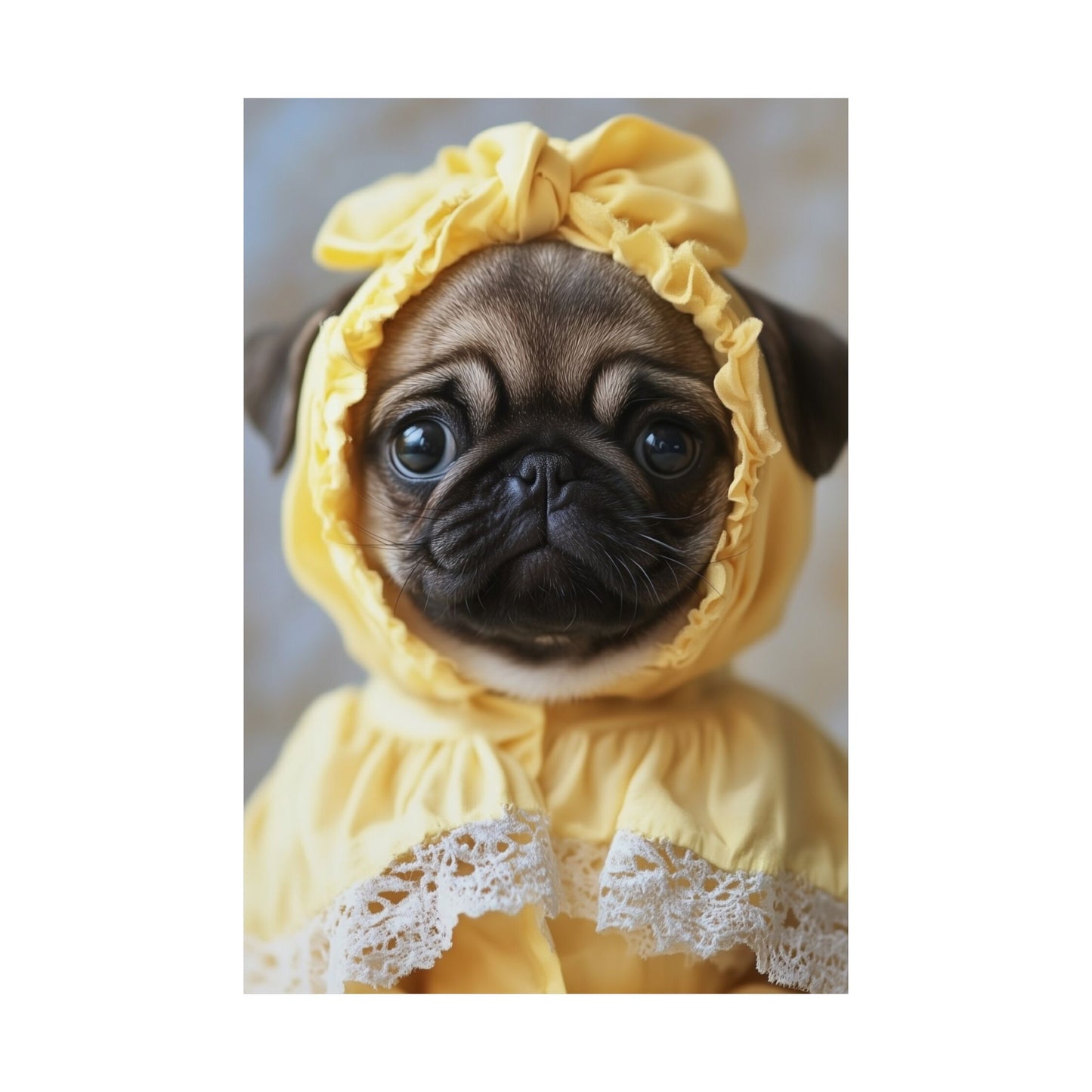 Pug in Yellow Bonnet: "The Sunshine Sweetie" | Matte Vertical Posters | Puppy Love Edition™