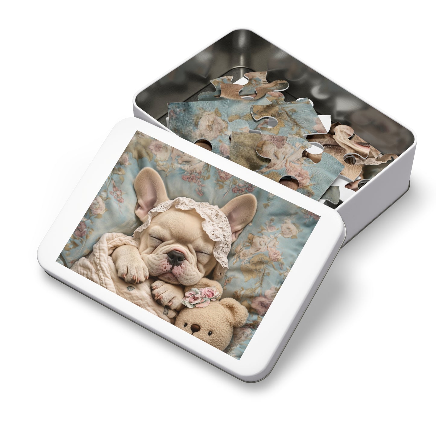 French Bulldog in Baby Bonnet: "Dreamy Slumber" | Jigsaw Puzzle with Tin | Puppy Love Edition™