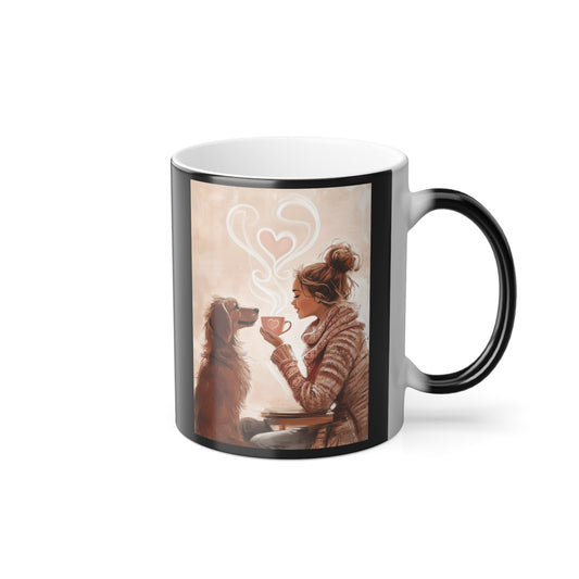 Golden Dog Sharing Coffee with a Woman: "Sip and Soulmate" | Color Morphing Coffee Mug, 11oz | Bliss Edition™