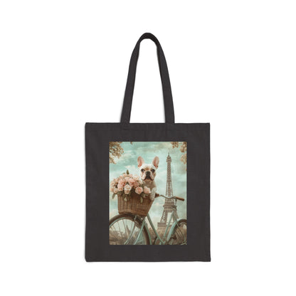 French Bulldog on Bicycle with Roses: "The Parisian Peddler" | Canvas Tote Bag | Puppy Love Edition™