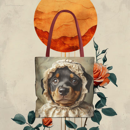 Rottweiler in Lace Bonnet: "The Tender Guardian" | Tote Bag (AOP) | Puppy Love Edition™