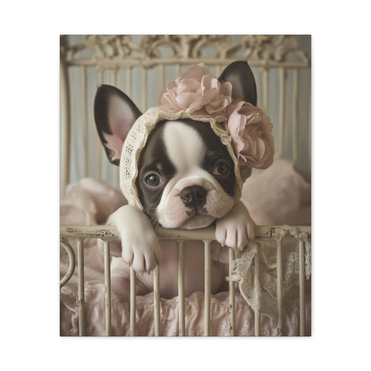 French Bulldog in Lace Bonnet: "Victorian Charm" | Matte Canvas Print, Stretched, 1.25 | Puppy Love Edition™