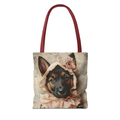 German Shepherd in Lace Bonnet: "Pastoral Guardian" | Tote Bag (AOP) | Puppy Love Edition™