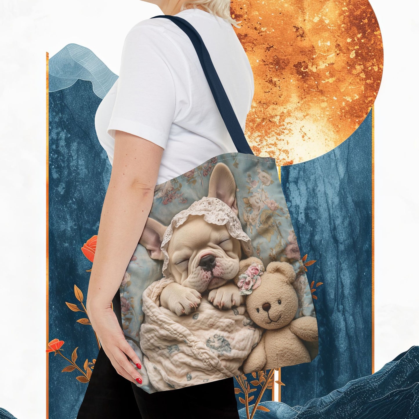 French Bulldog in Baby Bonnet: "Dreamy Slumber" | Tote Bag (AOP) | Puppy Love Edition™