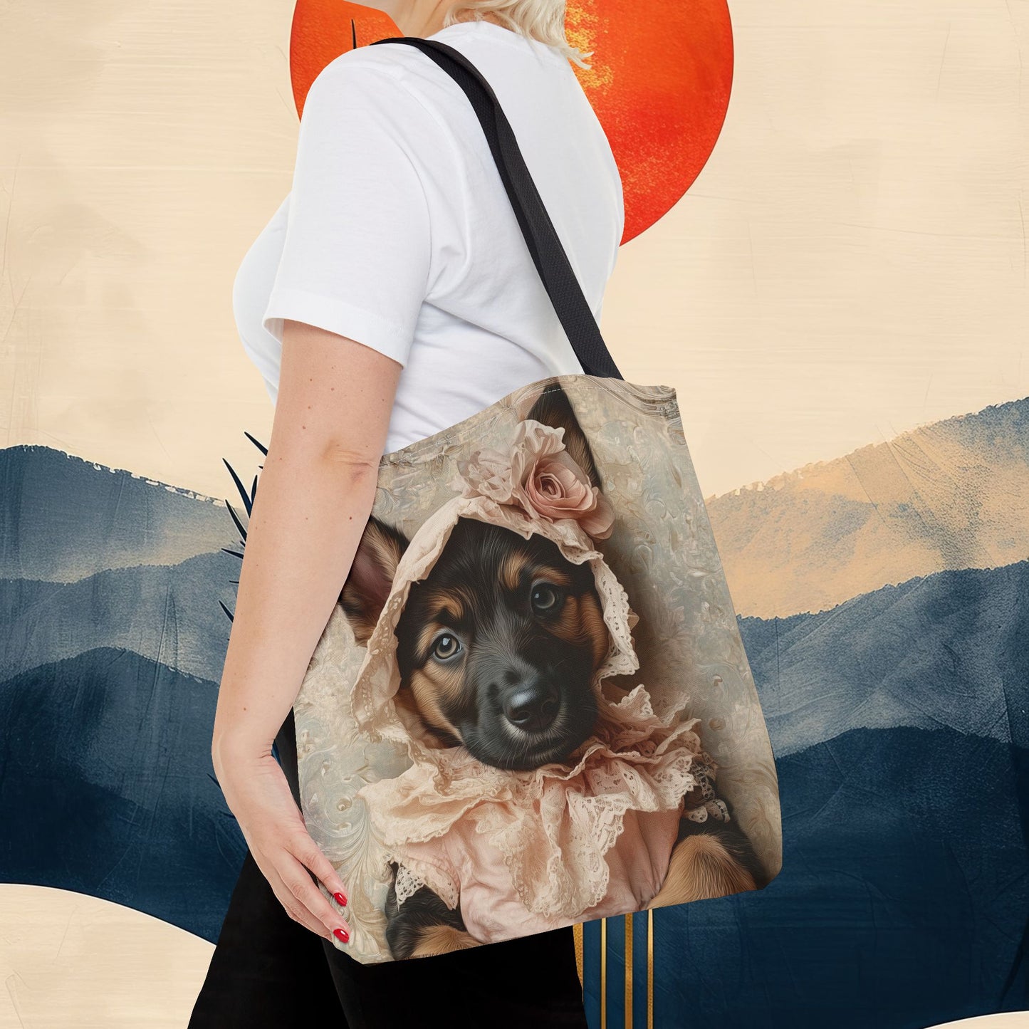 German Shepherd in Lace Bonnet: "Pastoral Guardian" | Tote Bag (AOP) | Puppy Love Edition™