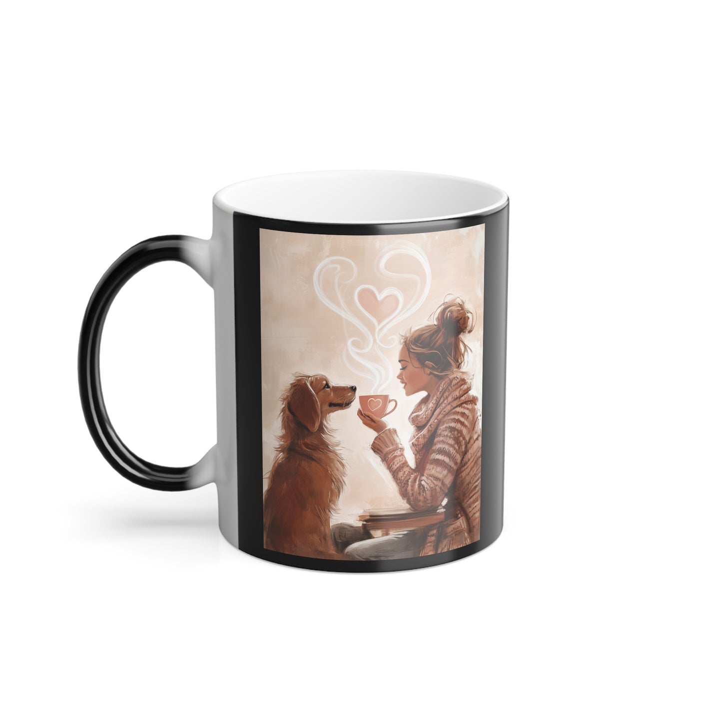 Golden Dog Sharing Coffee with a Woman: "Sip and Soulmate" | Color Morphing Coffee Mug, 11oz | Bliss Edition™