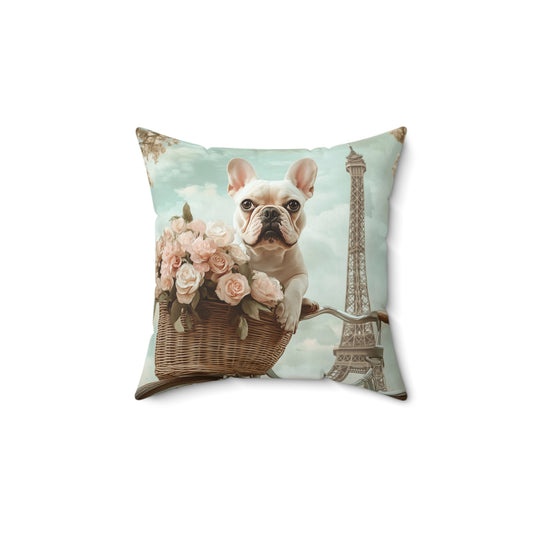 French Bulldog in Paris: "Paws and Petals" | Spun Polyester Square Pillow | Puppy Love Edition™