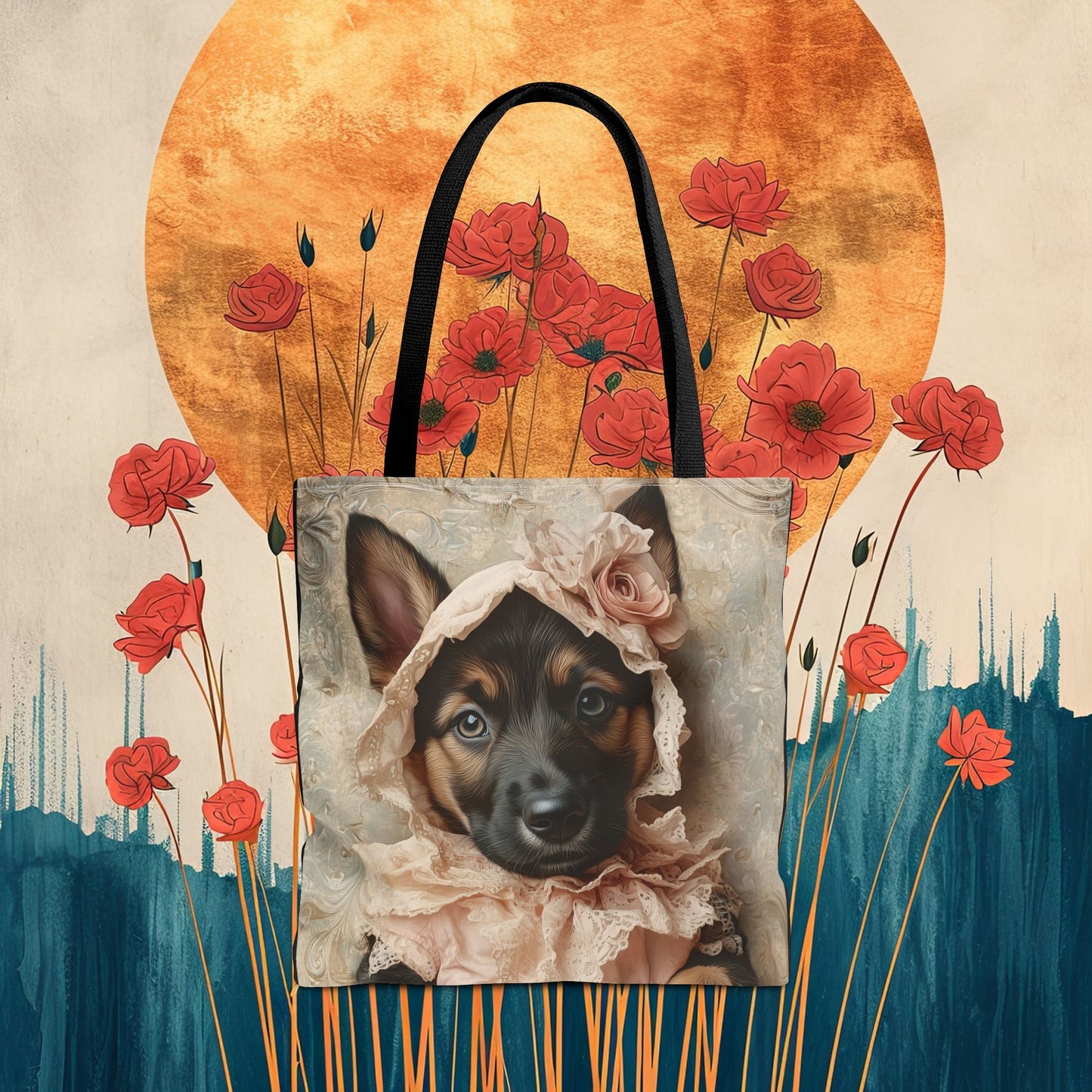 German Shepherd in Lace Bonnet: "Pastoral Guardian" | Tote Bag (AOP) | Puppy Love Edition™