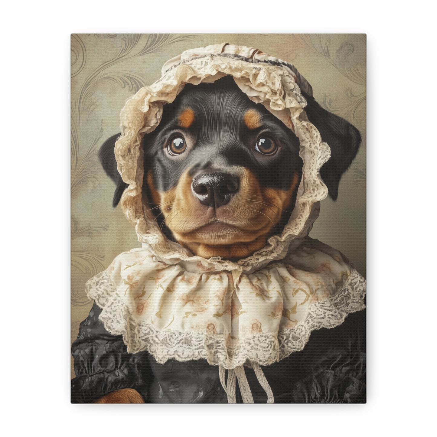 Rottweiler in Lace Bonnet: "The Tender Guardian" | Matte Canvas Print, Stretched, 1.25 | Puppy Love Edition™