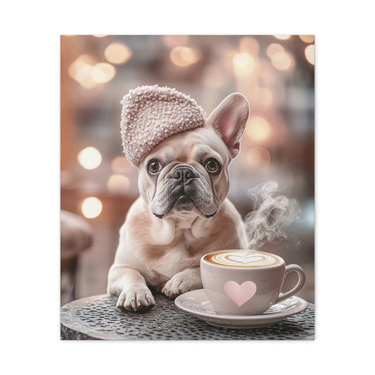 French Bulldog in Pink Beret: "Café Companion" | Matte Canvas Print, Stretched, 1.25 | Cafe Companion Edition™