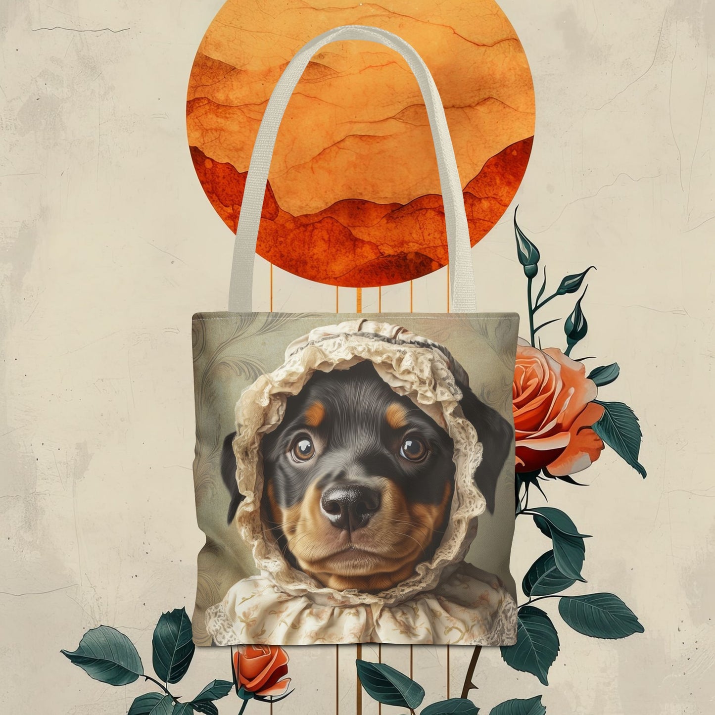 Rottweiler in Lace Bonnet: "The Tender Guardian" | Tote Bag (AOP) | Puppy Love Edition™