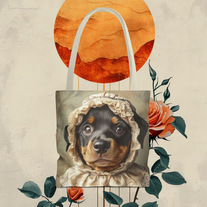 Rottweiler in Lace Bonnet: "The Tender Guardian" | Tote Bag (AOP) | Puppy Love Edition™