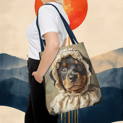 Rottweiler in Lace Bonnet: "The Tender Guardian" | Tote Bag (AOP) | Puppy Love Edition™