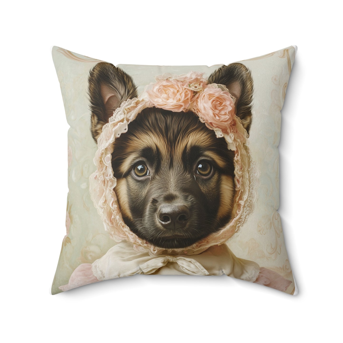 German Shepherd in Lace Bonnet: "Pastoral Guardian" | Spun Polyester Square Pillow | Puppy Love Edition™