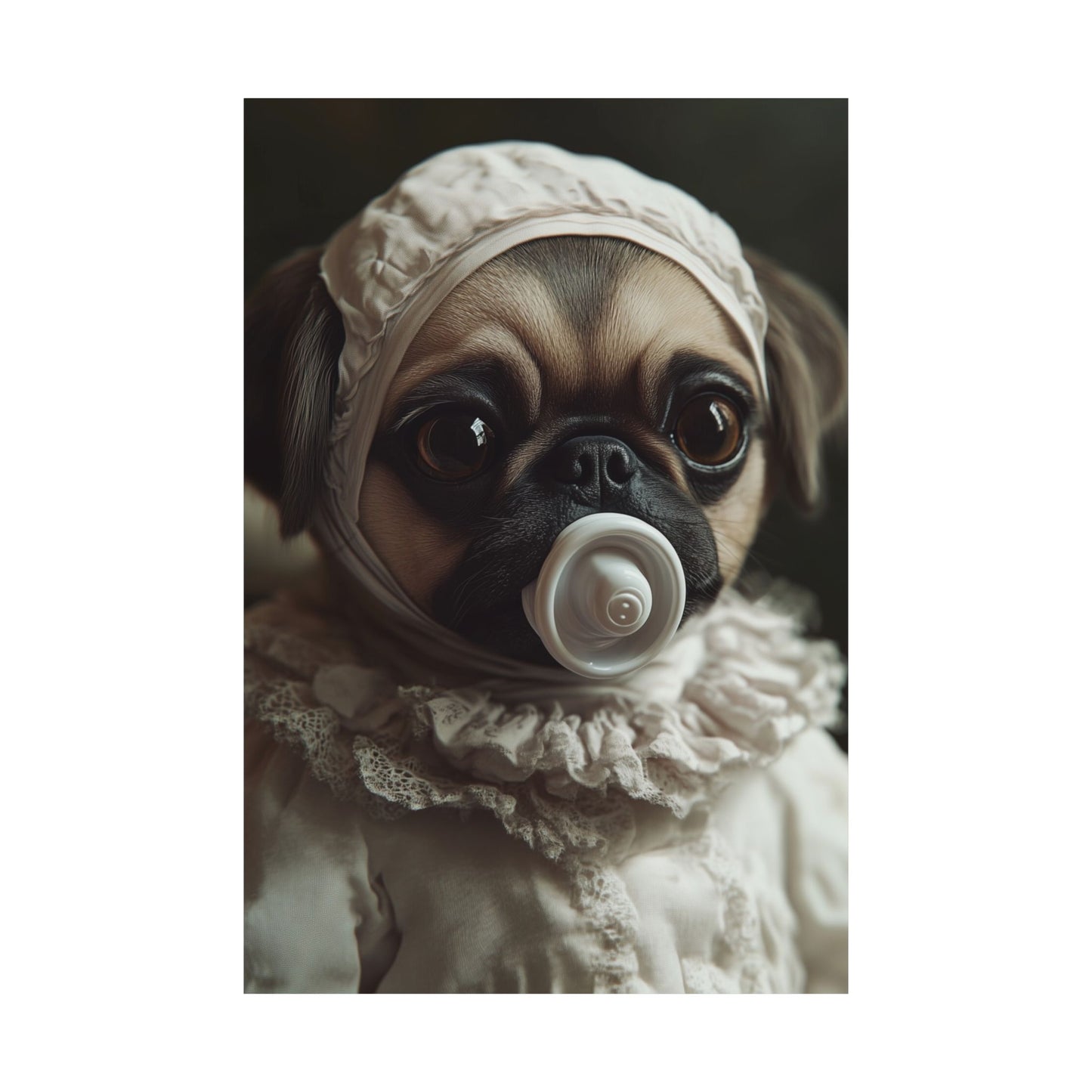 Pug in Ivory Bonnet: "Timeless Innocence" | Matte Vertical Posters | Puppy Love Edition™