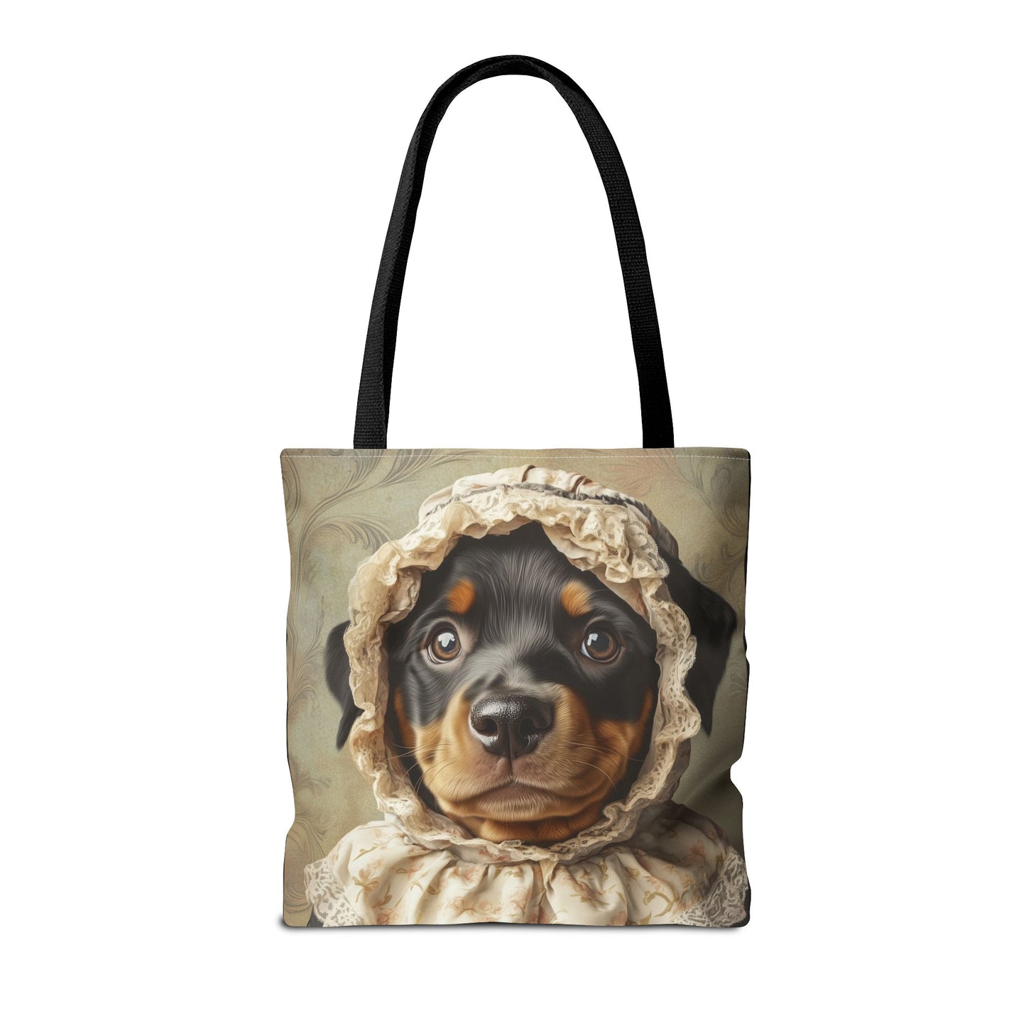 Rottweiler in Lace Bonnet: "The Tender Guardian" | Tote Bag (AOP) | Puppy Love Edition™