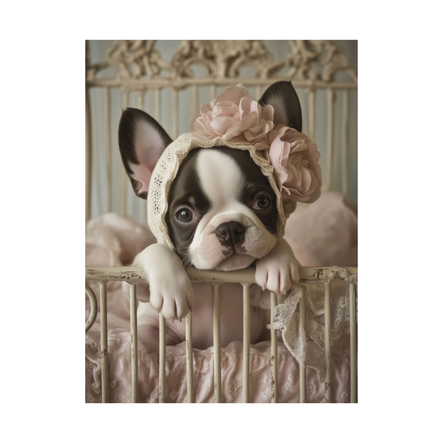 French Bulldog in Lace Bonnet: "Victorian Charm" | Matte Vertical Posters | Puppy Love Edition™