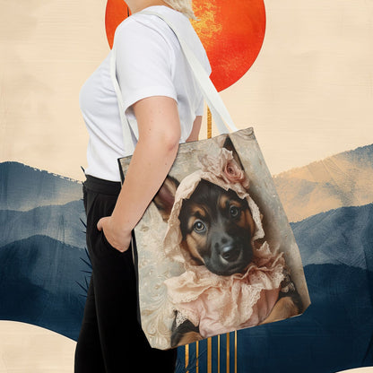 German Shepherd in Lace Bonnet: "Pastoral Guardian" | Tote Bag (AOP) | Puppy Love Edition™