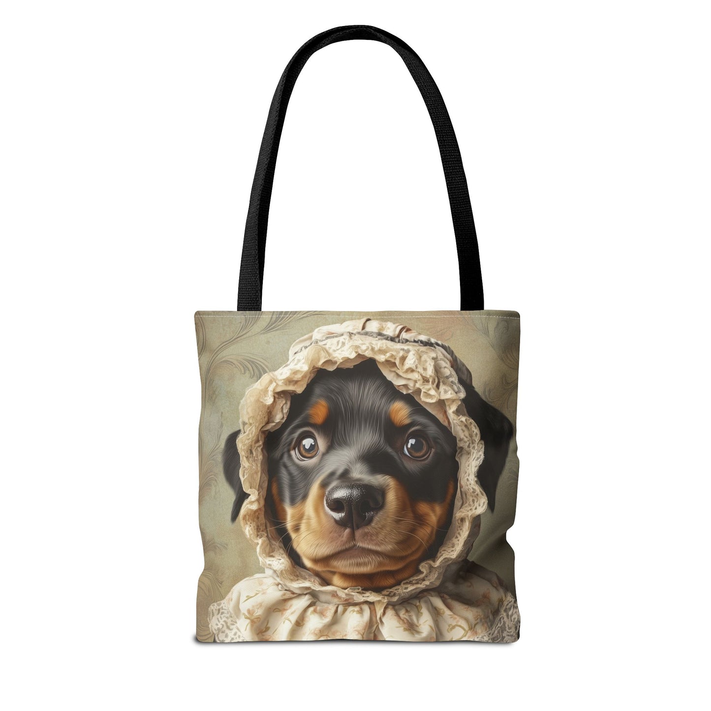 Rottweiler in Lace Bonnet: "The Tender Guardian" | Tote Bag (AOP) | Puppy Love Edition™