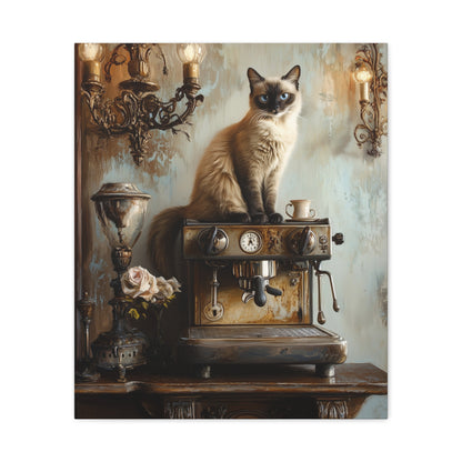 Siamese Cat on Espresso Machine: "Café Contessa" | Matte Canvas Print, Stretched, 1.25 | Cafe Companions Edition™