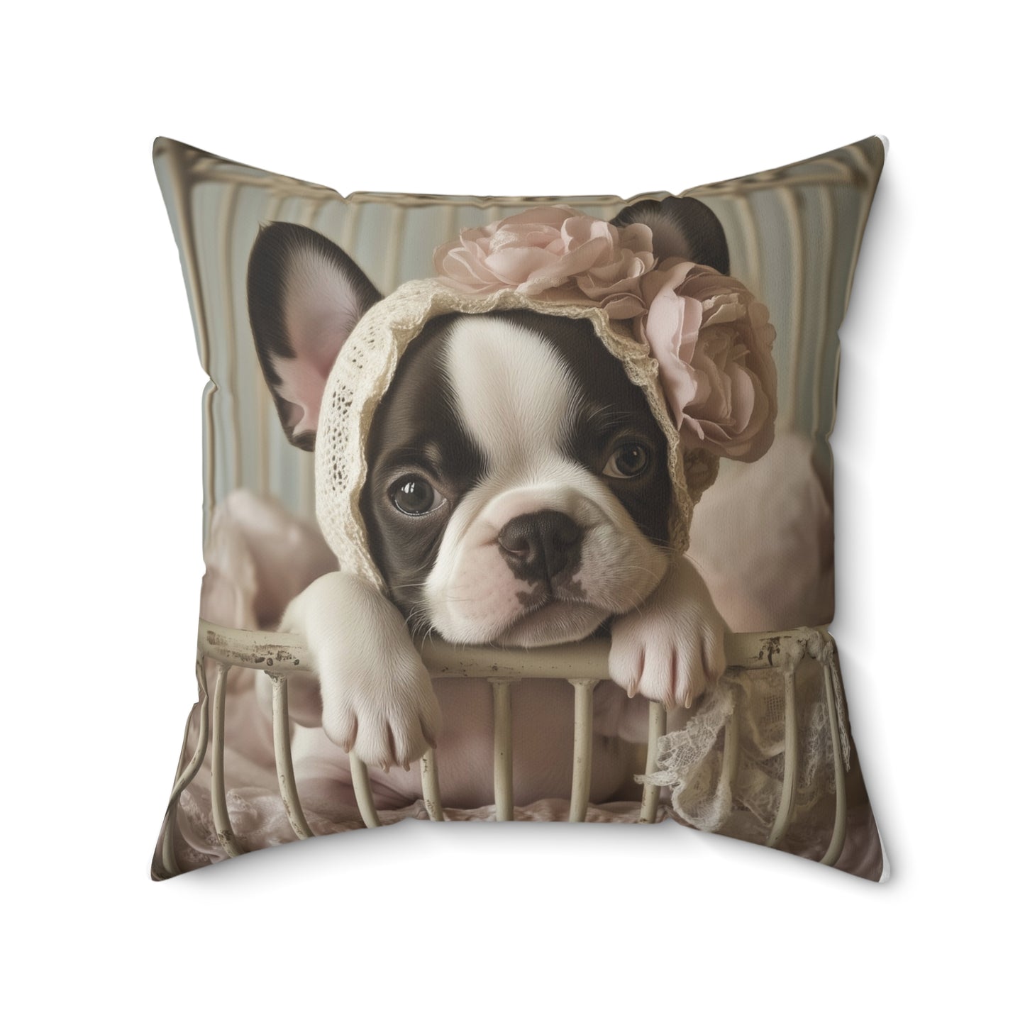 French Bulldog in Lace Bonnet: "Victorian Charm" | Spun Polyester Square Pillow | Puppy Love Edition™