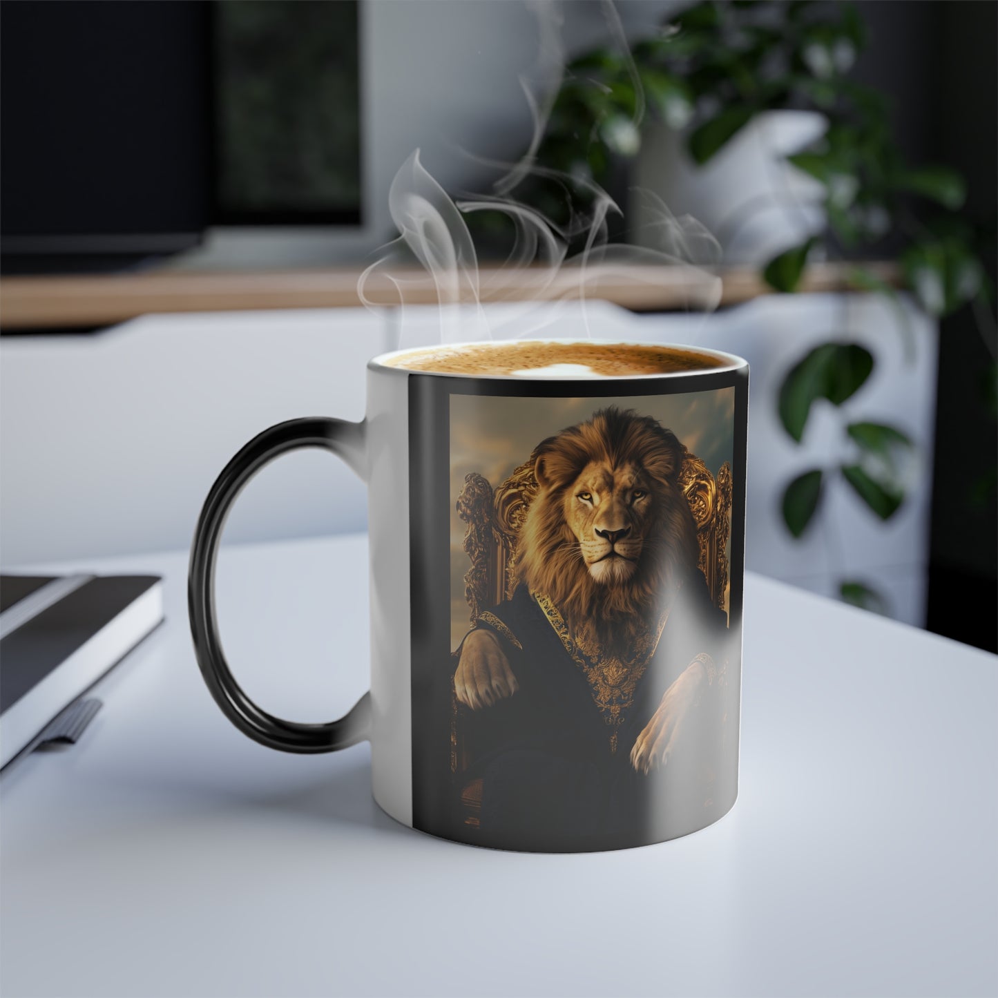 Lion on a Gilded Throne: "The Majestic Monarch" | Color Morphing Coffee Mug, 11oz | Pawgue Chic Edition™