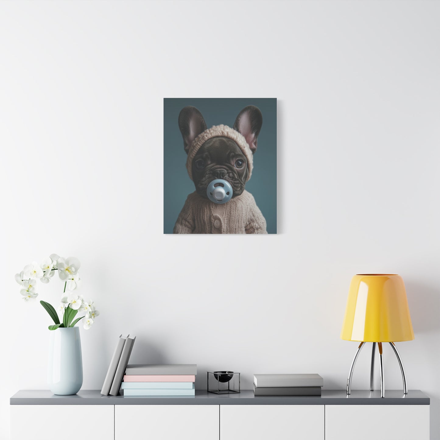 French Bulldog in Cozy Knit Sweater: "Bundle of Joy" | Matte Canvas Print, Stretched, 1.25 | Puppy Love Edition™