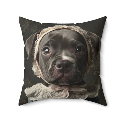 Pit Bull in Lace Bonnet: "Victorian Vigilance" | Spun Polyester Square Pillow | Puppy Love Edition™