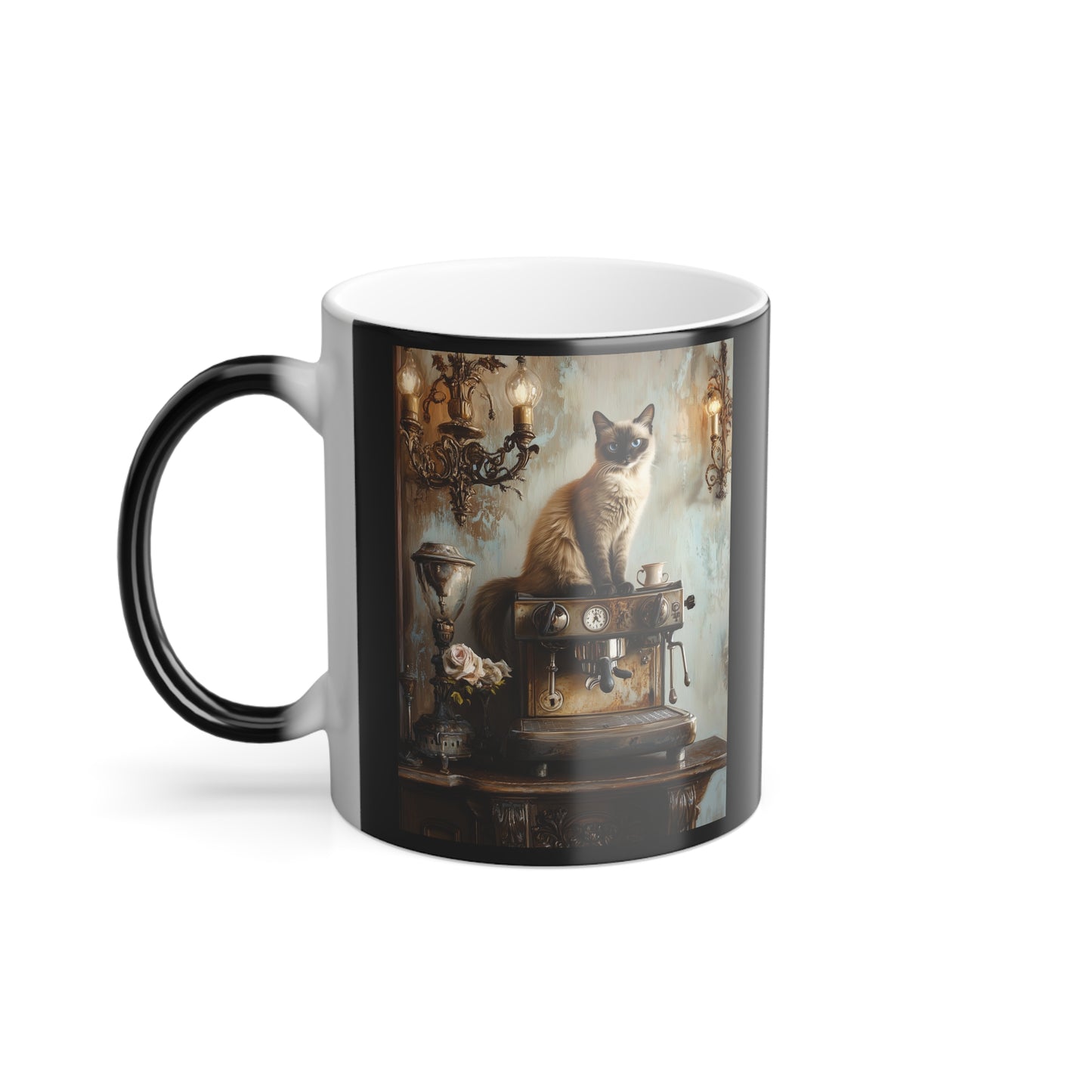 Siamese Cat on Espresso Machine: "Café Contessa" | Color Morphing Coffee Mug, 11oz | Bliss Edition™