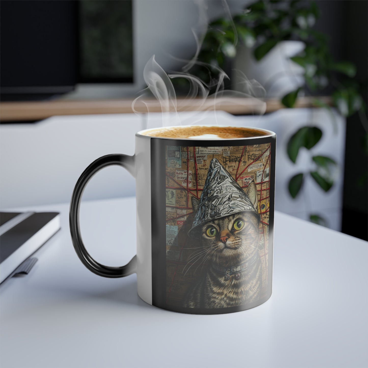 Tabby Cat in a Tinfoil Hat: "Conspiracy Cat Chronicles" | Color Morphing Coffee Mug, 11oz | Pawp Culture Edition™