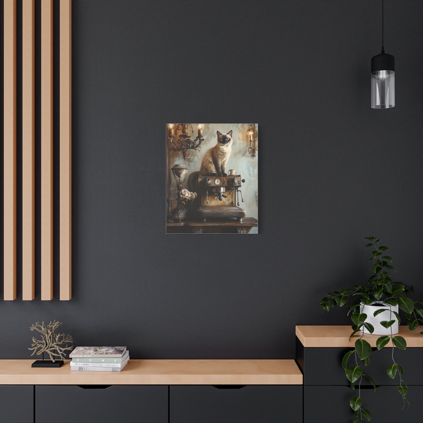 Siamese Cat on Espresso Machine: "Café Contessa" | Matte Canvas Print, Stretched, 1.25 | Cafe Companions Edition™