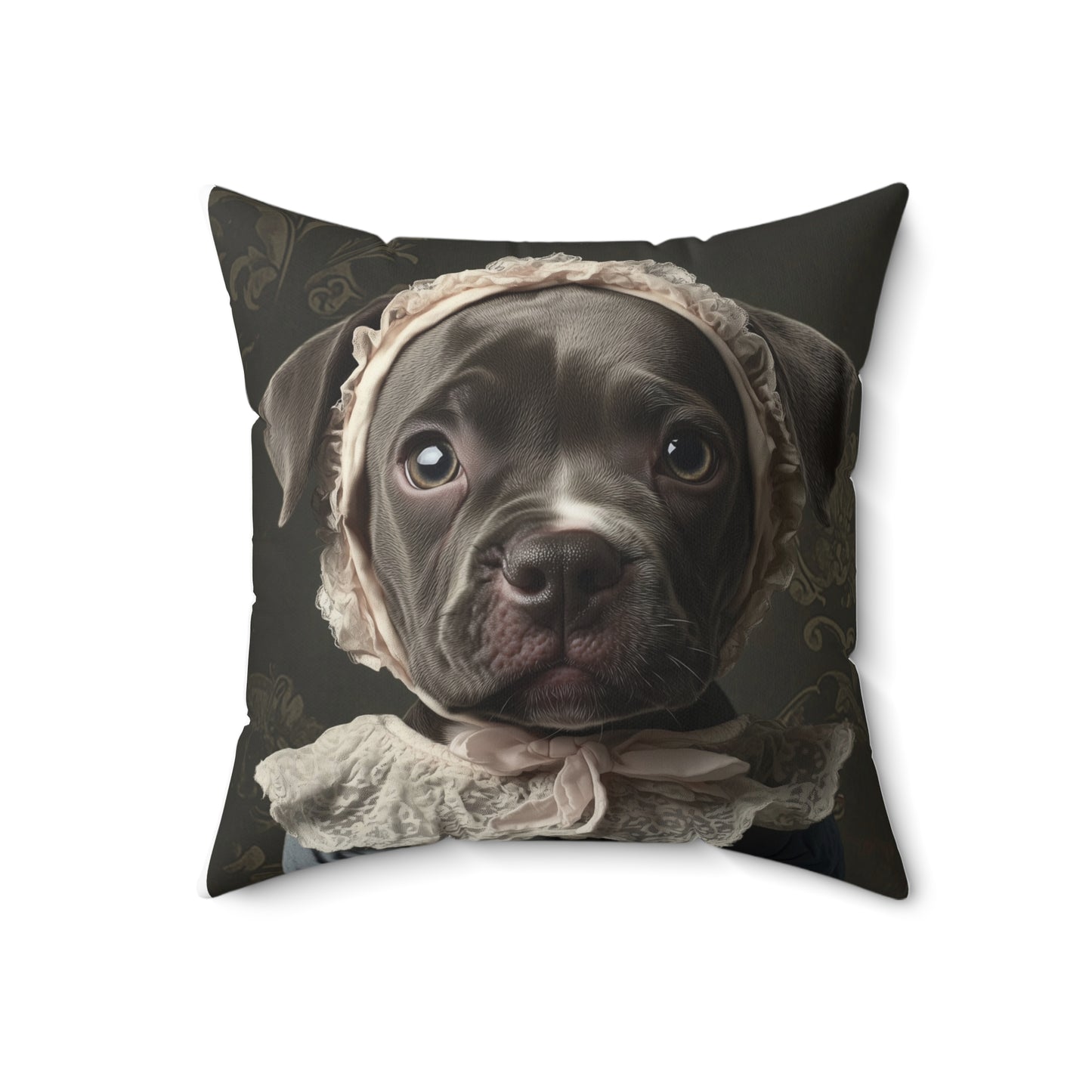 Pit Bull in Lace Bonnet: "Victorian Vigilance" | Spun Polyester Square Pillow | Puppy Love Edition™