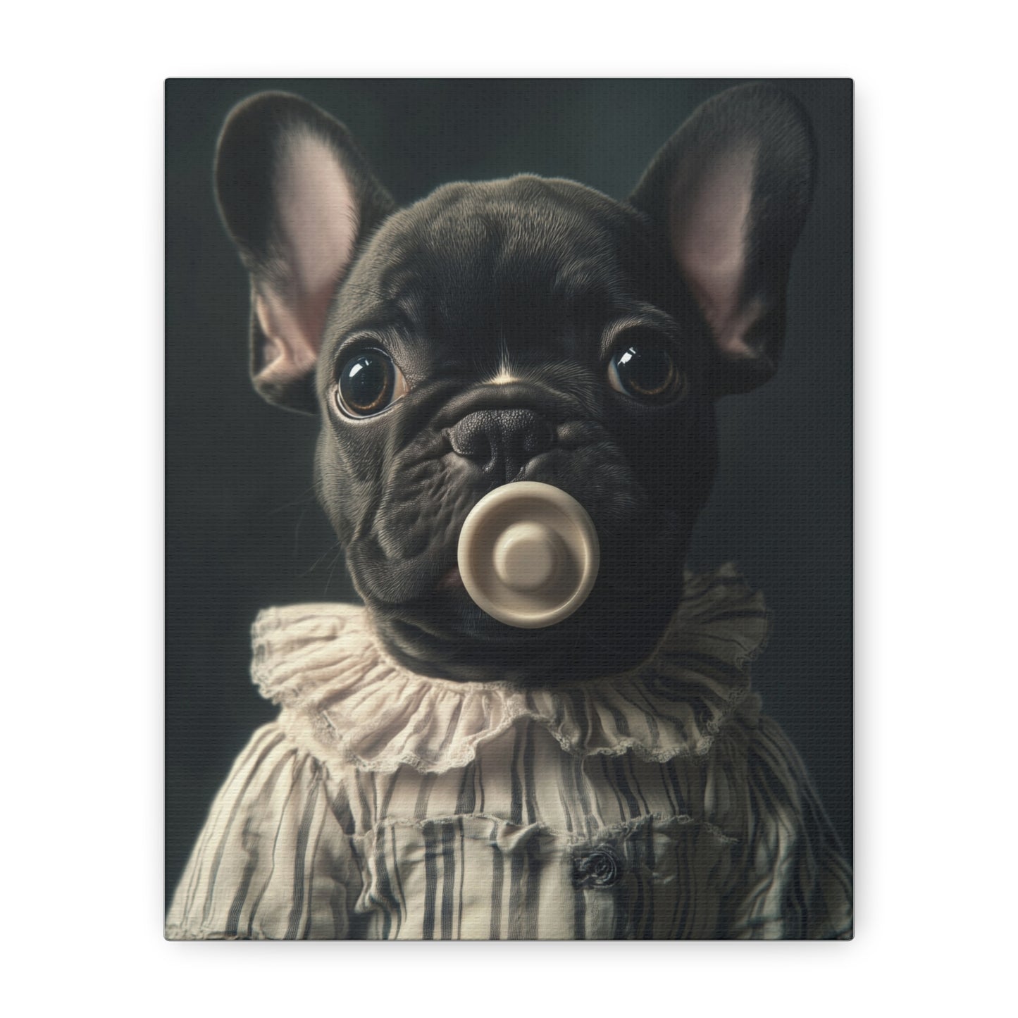 French Bulldog in Striped Baby Gown: "Vintage Cherub" | Matte Canvas Print, Stretched, 1.25 | Puppy Love Edition™