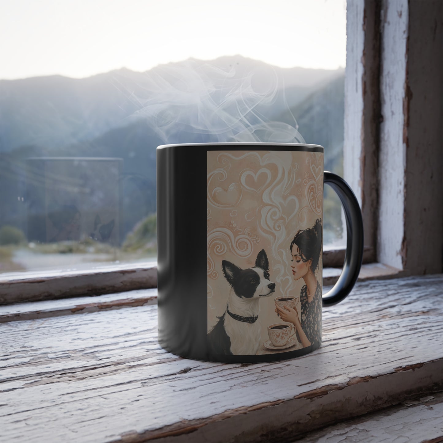 Black and White Dog Sharing Coffee: "Heart-to-Heart Brew" | Color Morphing Coffee Mug, 11oz | Bliss Edition™