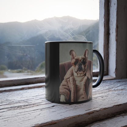 French Bulldog in Pink Coat: "Chic Canine Sophistication." | Color Morphing Coffee Mug, 11oz | Pawgue Chic Edition™