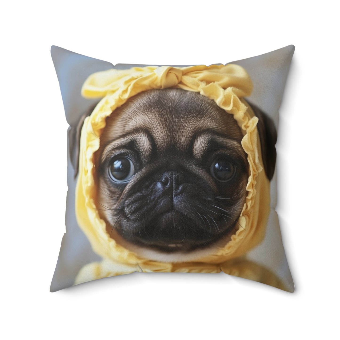 Pug in Yellow Bonnet: "The Sunshine Sweetie" | Spun Polyester Square Pillow | Puppy Love Edition™