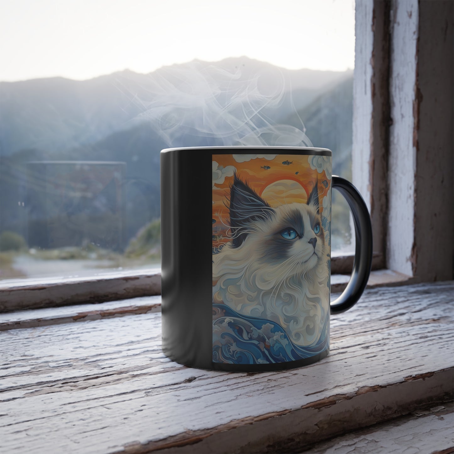 Ragdoll Cat Among Waves: "Oceanic Grace in Fur." | Color Morphing Coffee Mug, 11oz | Feline Edition™