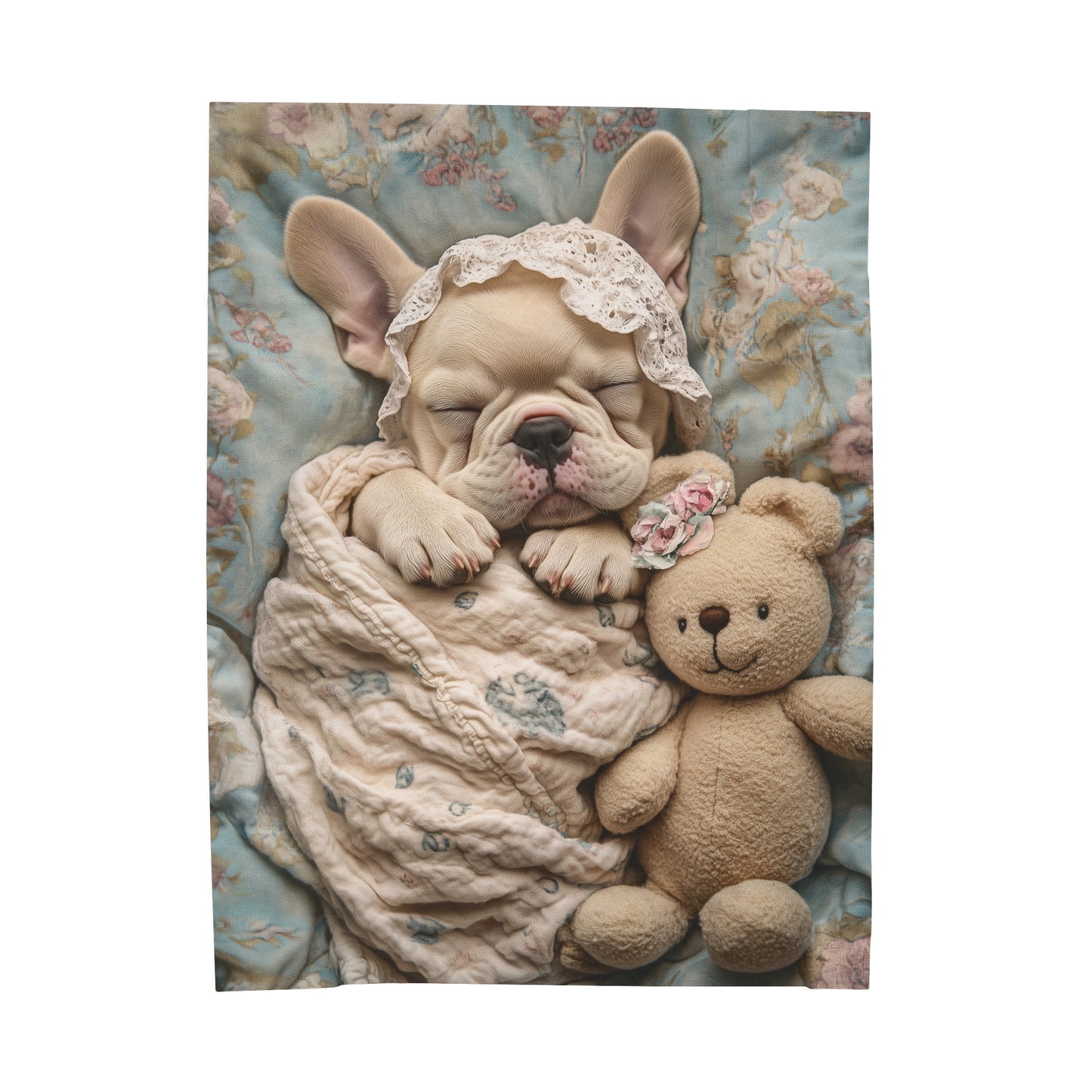 French Bulldog in Baby Bonnet: "Dreamy Slumber" | Velveteen Plush Blanket | Puppy Love Edition™