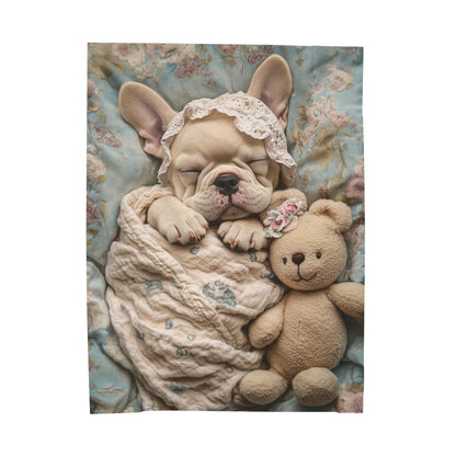 French Bulldog in Baby Bonnet: "Dreamy Slumber" | Velveteen Plush Blanket | Puppy Love Edition™