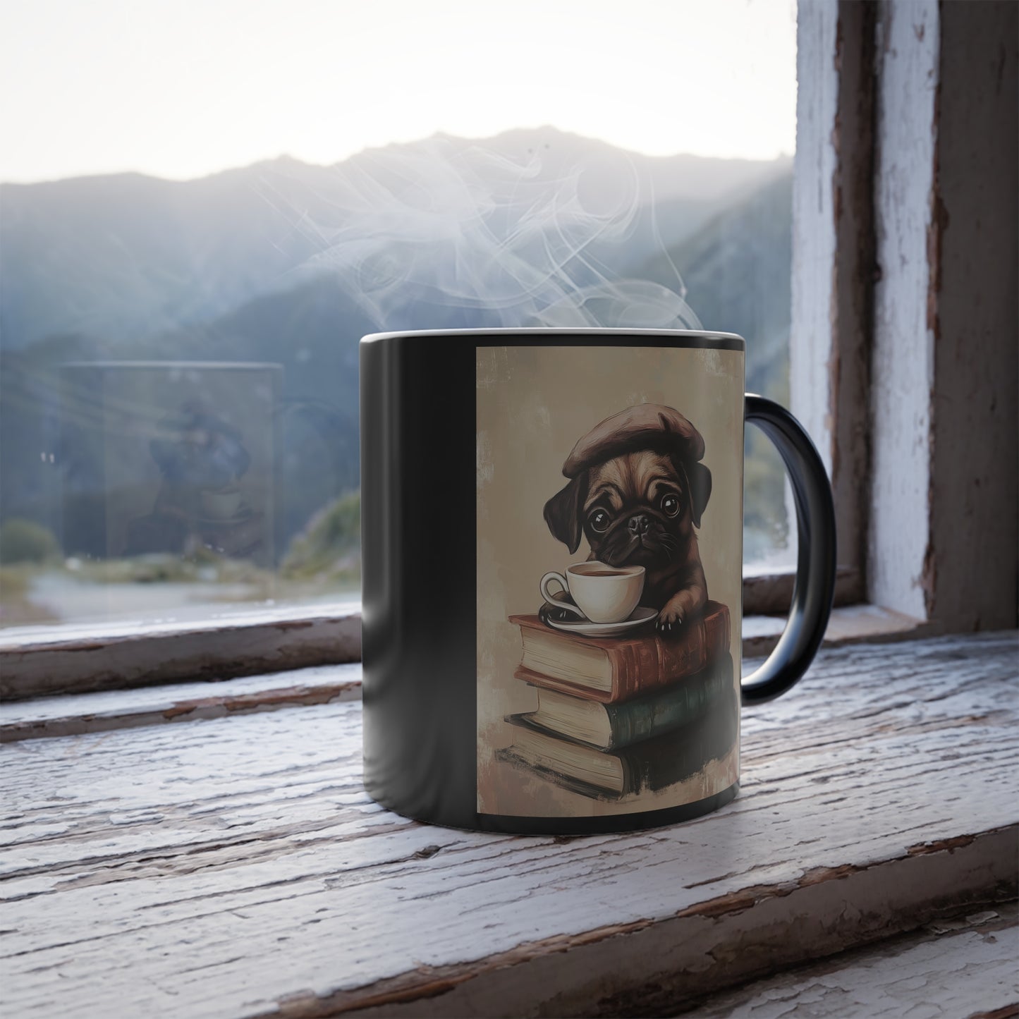 Pug with Books: "Parisian Pug Pause" | Color Morphing Coffee Mug, 11oz | Bliss Edition™