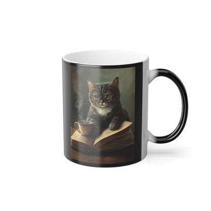 Tabby Cat with Open Book: "Scholarly Whiskers" | Color Morphing Coffee Mug, 11oz | Bliss Edition™