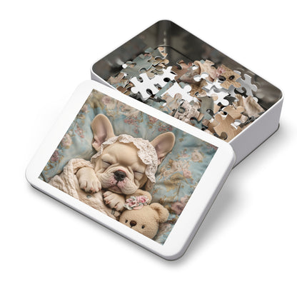 French Bulldog in Baby Bonnet: "Dreamy Slumber" | Jigsaw Puzzle with Tin | Puppy Love Edition™